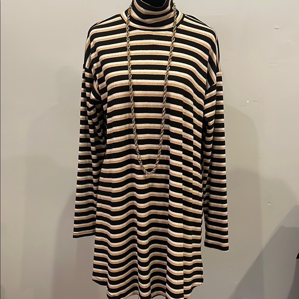 Striped Black/gold and silver Turtleneck long sleeves sheath style dress
